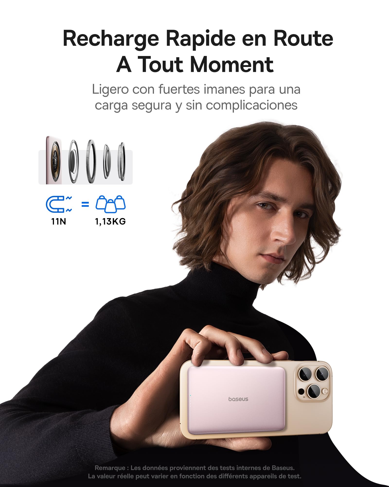 Baseus Magsafe Power Bank Ultra Slim Powerbank magnétique Ultra légère pour iPhone 16/15/14, Mini Wireless 5000 mAh, USB-C PD 20 W, Batterie Externe avec écran LED, Rose