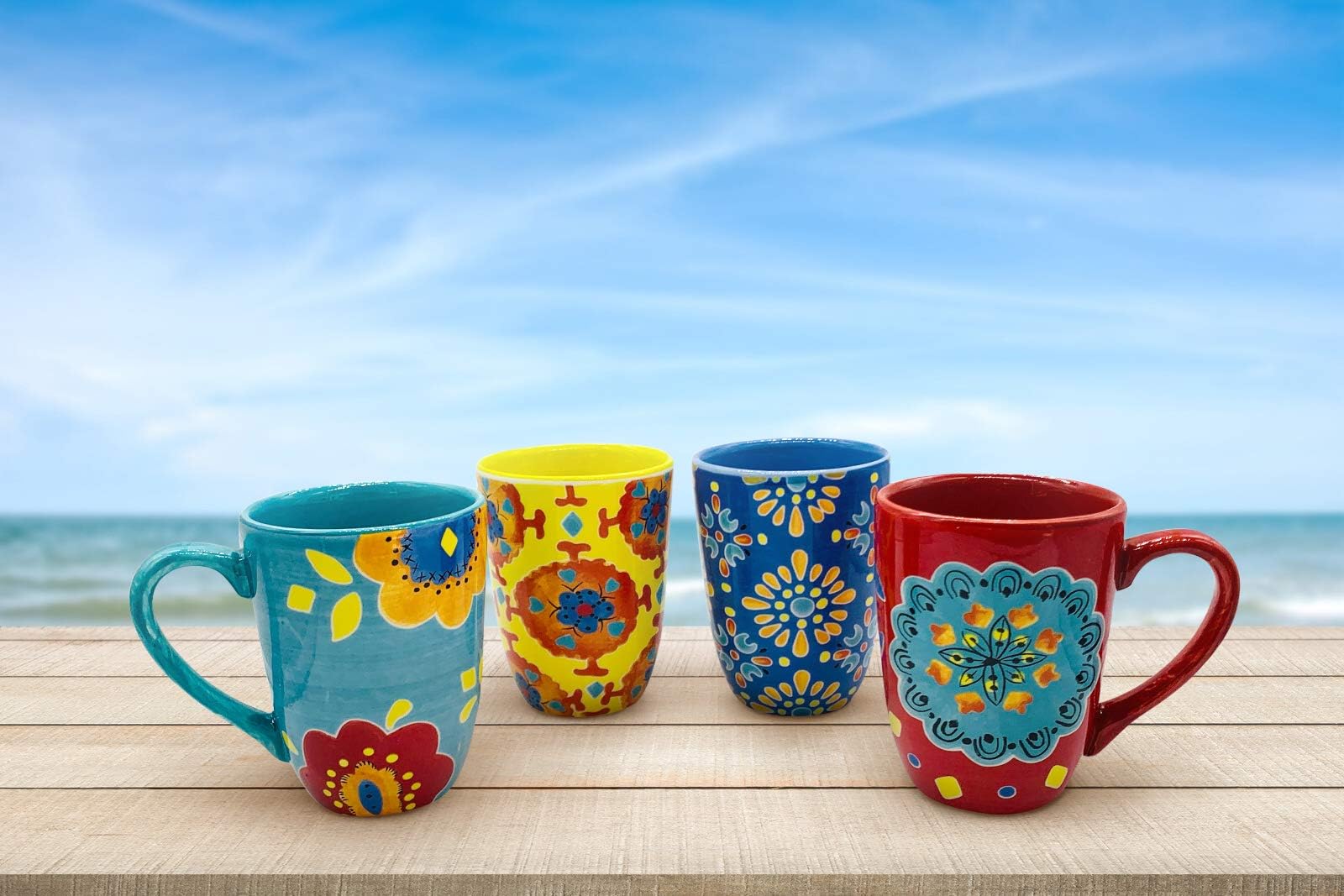 Laurie Gates Boho Floral Colorful Coffee Mugs Tea Cup Beverage Drink Set Of 4 Bundle: Coffee Mugs Multi Color Large Cups