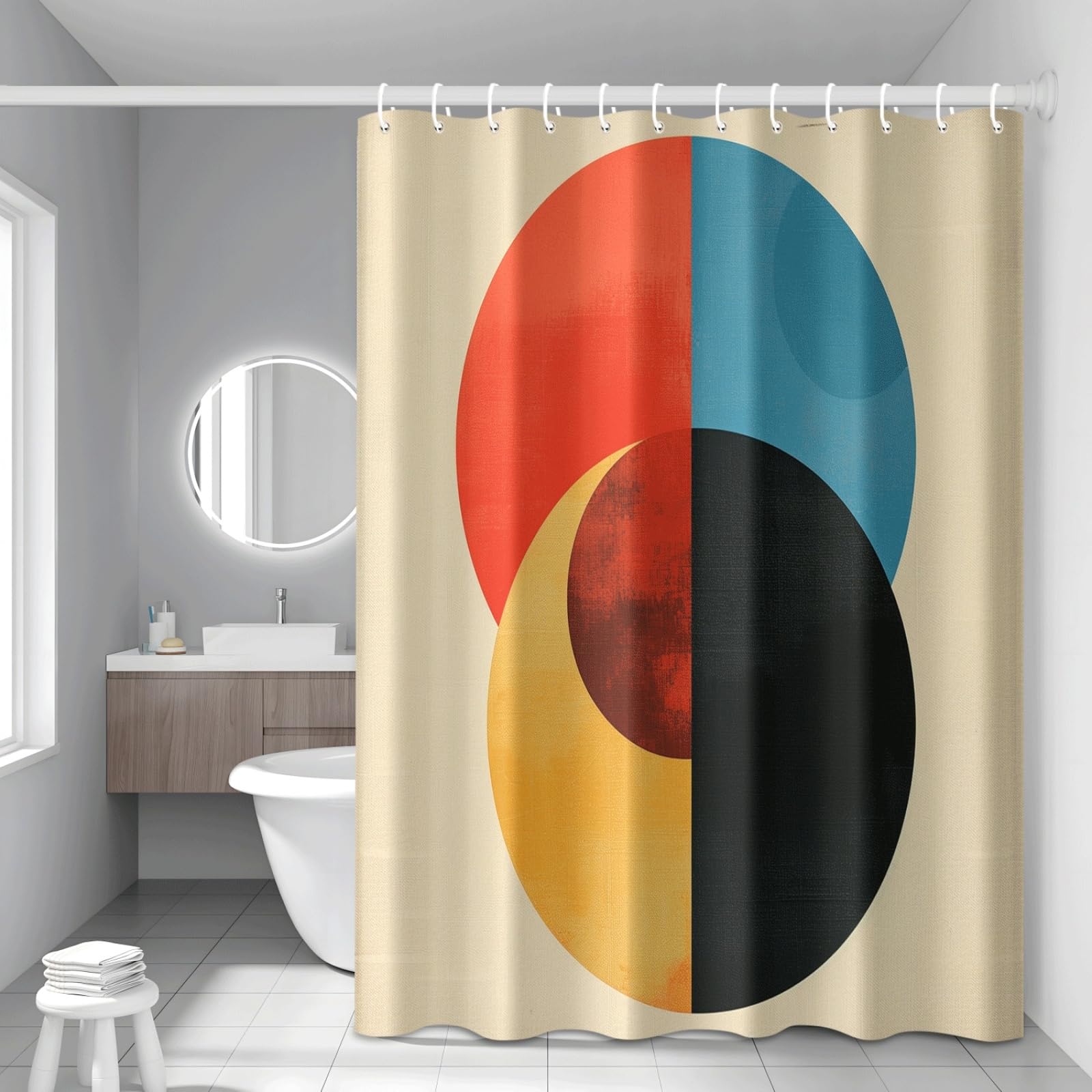 Rideau de douche imperméable et lavable orange noir bleu avec 12 crochets