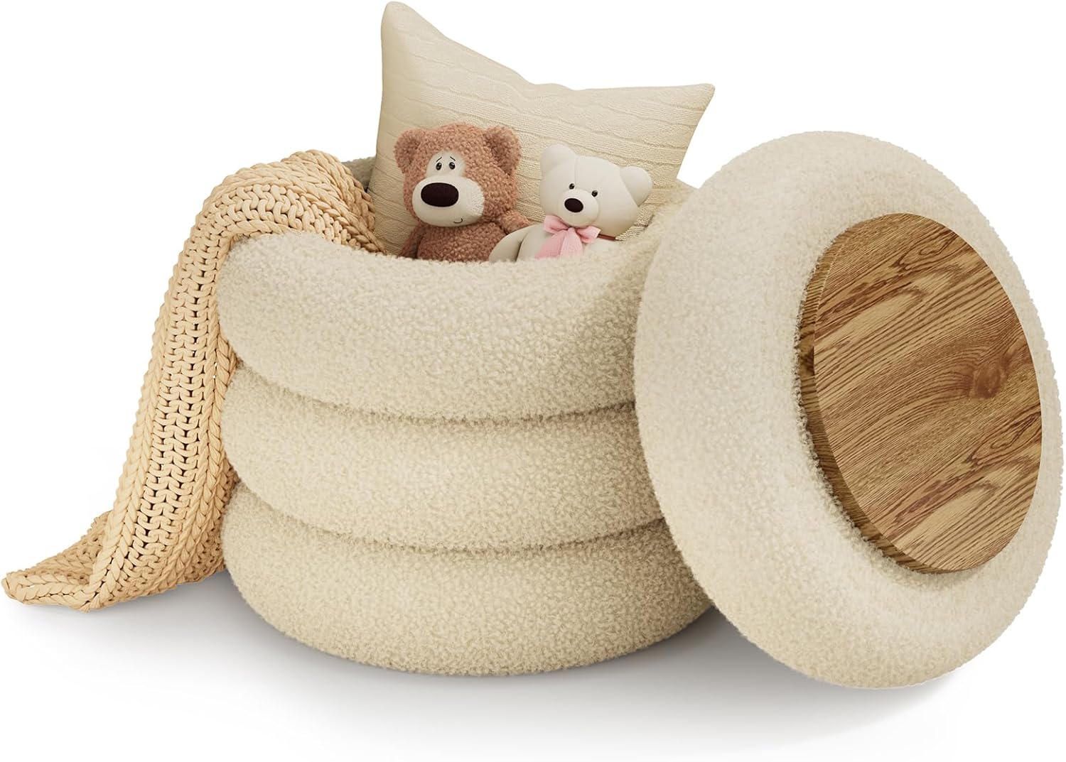 Soft Teddy Round Ottoman with Tray, 17.5 Inches Ottoman Coffee Table with Storage for Living Room, Vanity Stool with Storage Bedroom, Load up to 300 lb, No Assembly Required (Beige)