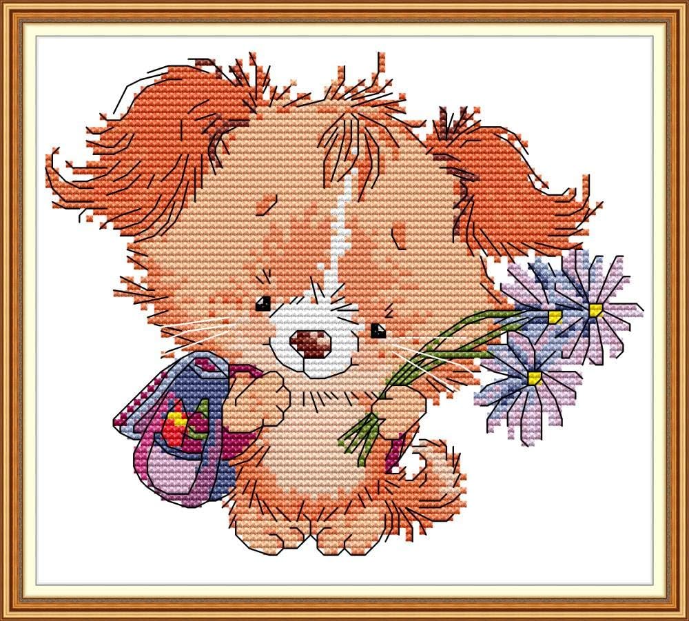 Maydear Cross Stitch Kits Stamped Full Range of Embroidery Starter Kits for Beginners DIY 11CT 3 Strands - A Dog with Flower 10.6×9.4(inch)