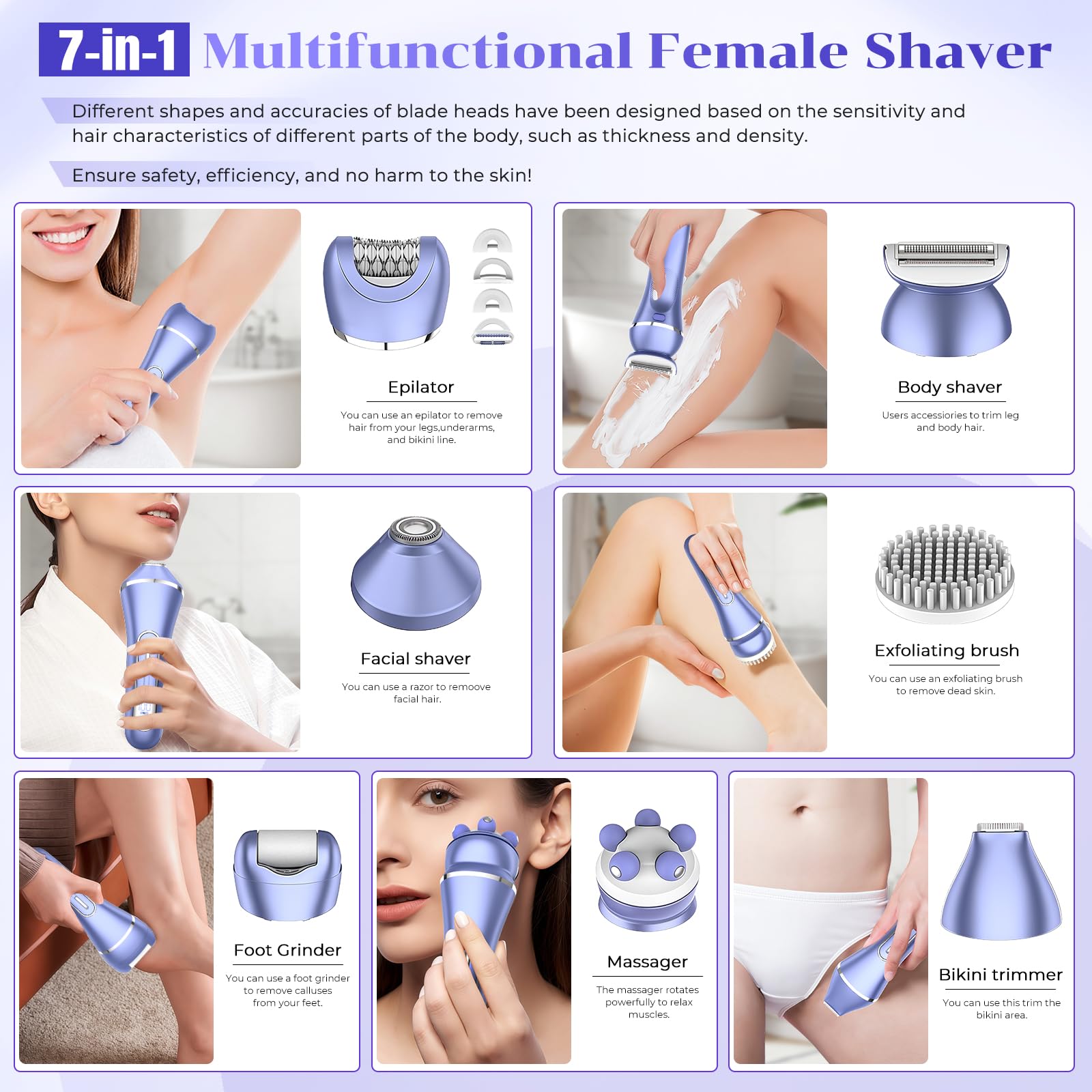 7 In 1 Rasoio elettrico donna,Epilatore elettrico donna,Depilatore corpo,Rasoio donna parti intime,Rasoio Parti Intime,Impermeabile IPX7,Display LCD,per Braccia Zona Bikini