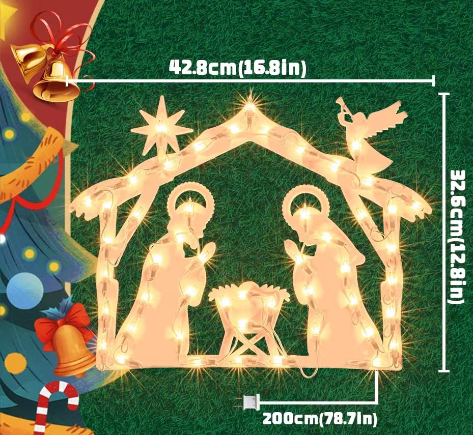 JUSTPRO Christmas Window Silhouette Lights, Lighted Nativity Double Sided Decorations with 50 Count Incandescent Mini Light, for Holiday Indoor Wall Door Glass Decor