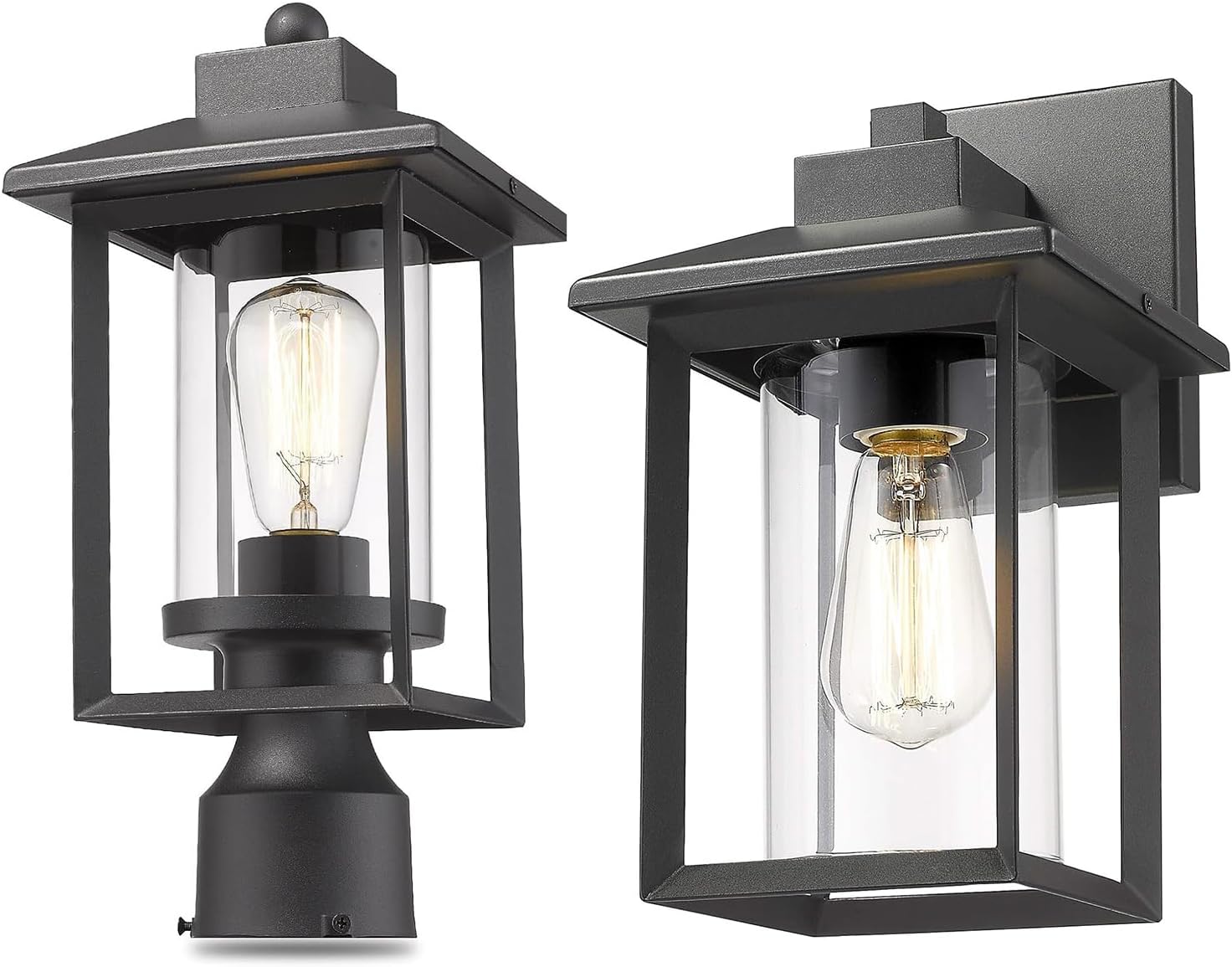 Outdoor Wall Mount and Post Light Set, Exterior Wall Sconces and Post Lanterns with Clear Glass Shade, Black Finish Lighting Fixtures for Patio, Porch, Garden, Backyard, Lawn, and Driveway