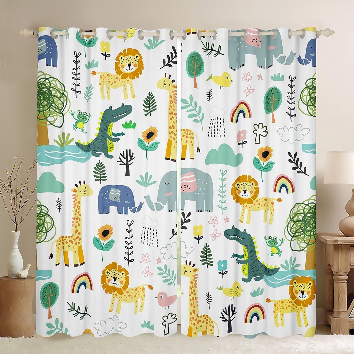 Feelyou Kids Cartoon Zoo Animal 30%-50% Blackout Curtains Elephant Lions Window Curtains Kawaii Giraffe Crocodile Darkening Drapes for Bedroom JungleAnimal Window Treatments (2 Panels, 38 x 54 Inch)