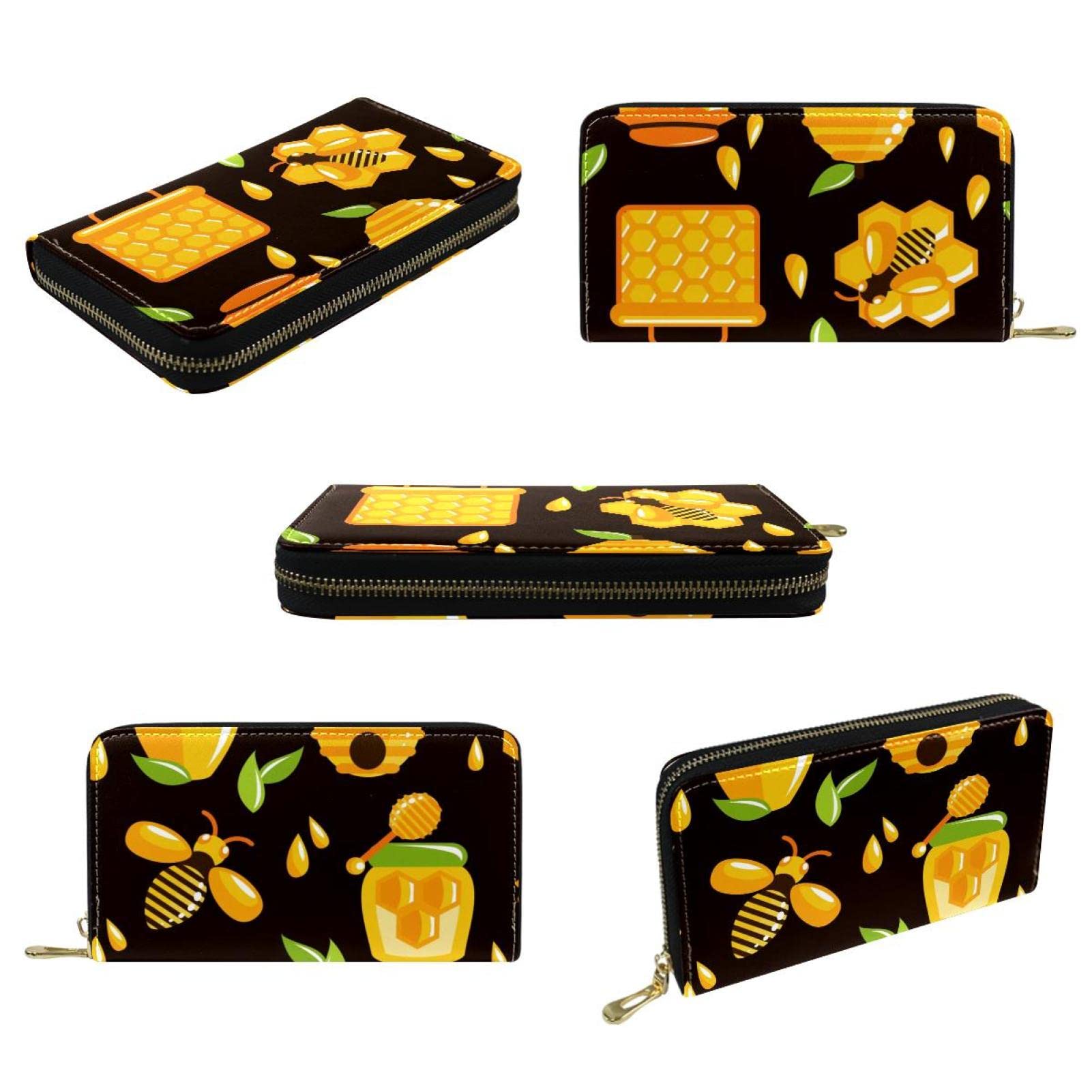 Cartera larga de cuero con cremallera y patrón de abejas, Varios colores, 20.5x2.5x11.5cm/8.07x1x4.53 in, Classic