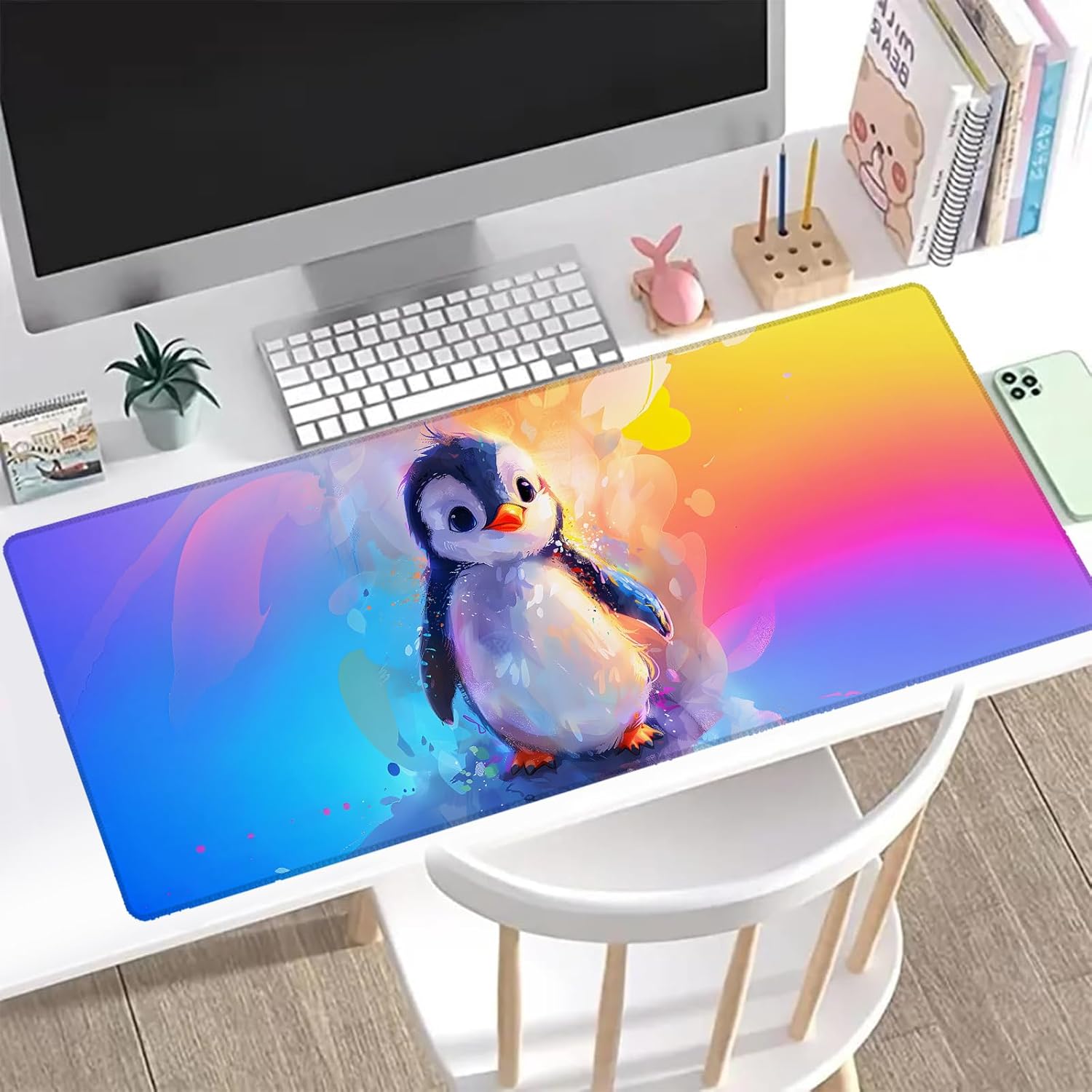 Colorful Penguin Gaming Mouse Pad, Office Desk Mat, Anti-Slip Rubber Base Cool Aesthetic Mouse Pads for Computer Laptop Keyboard School Home Desktop Gamer Home Accessories Decor 31.5" x 11.8" - Image 2