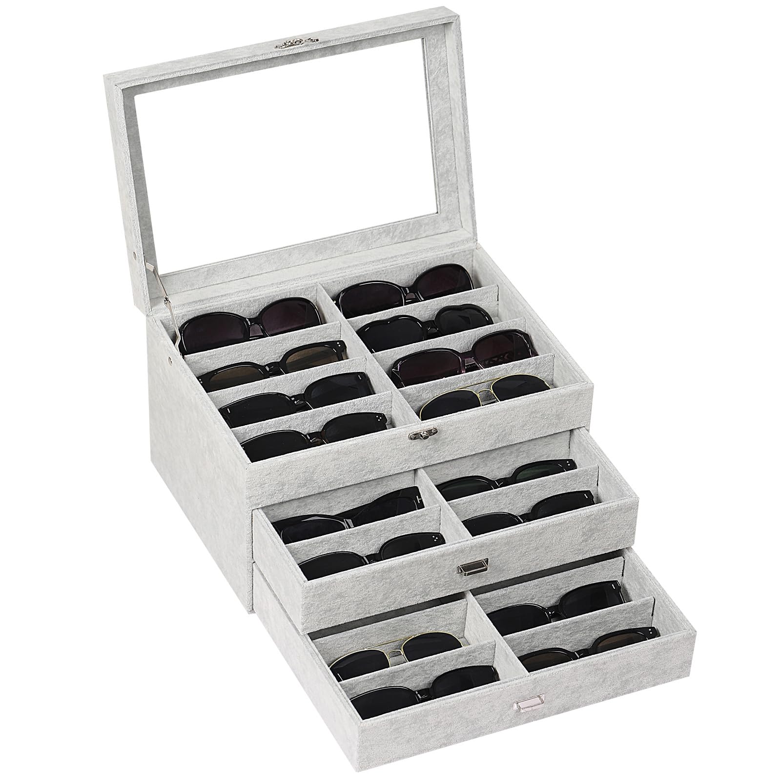 AUTOARK Aufbewahrungsbox für Brillen und Sonnenbrillen,mit durchsichtigem Deckel,verschließbar,24 Stück,MKAW049 | Weiches Eissamtfutter, Glasplatte, große Schublade, Brillenetui, Geschenk für Männer und Frauen