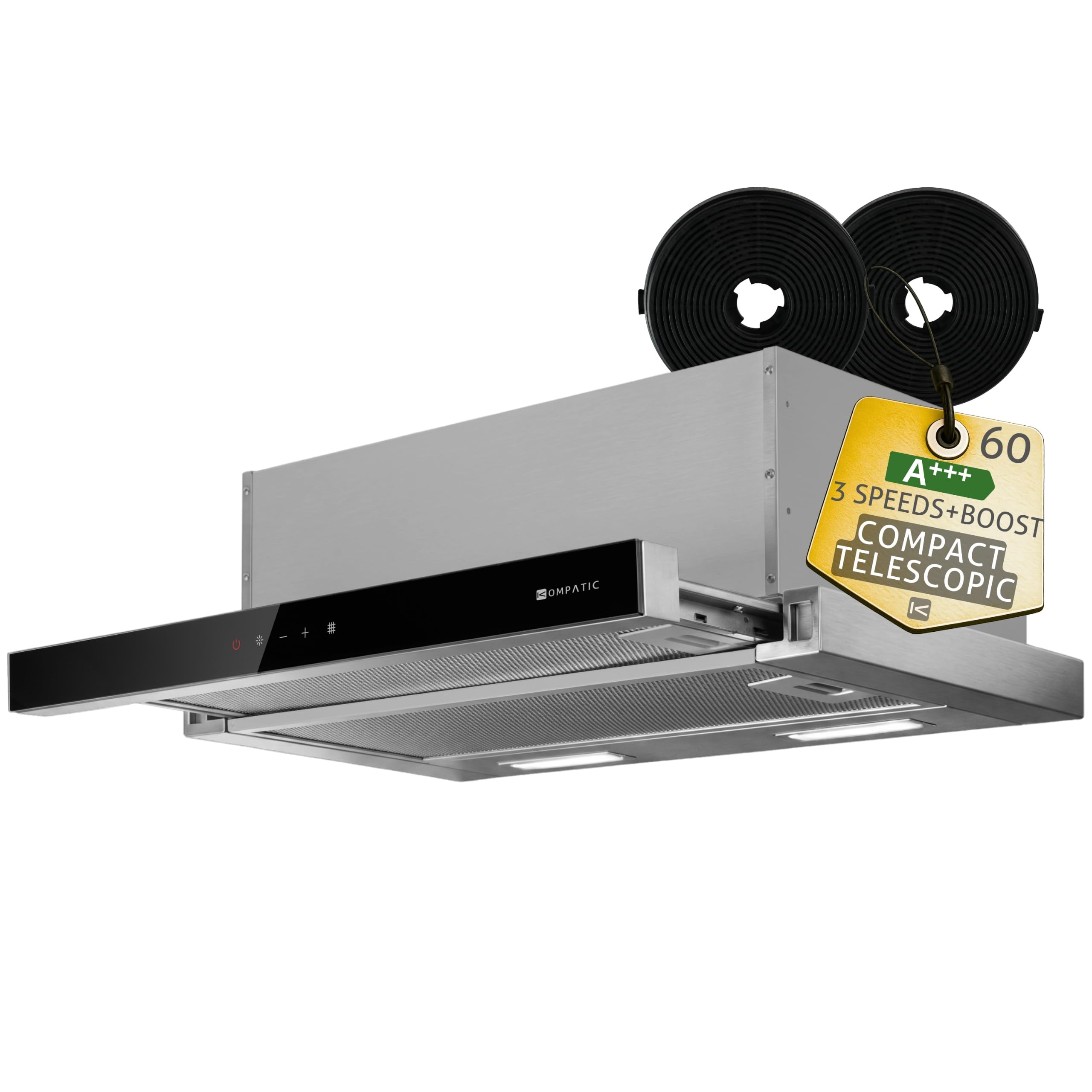 Aira KAIRT60 Campana extractora telescópica 60 cm, Motor 450 m³/h, A+++, Filtros de Carbón Incluidos, Control Táctil, LED, 3 velocidades + Boost, Aviso de limpieza de filtros, Acabado Inox