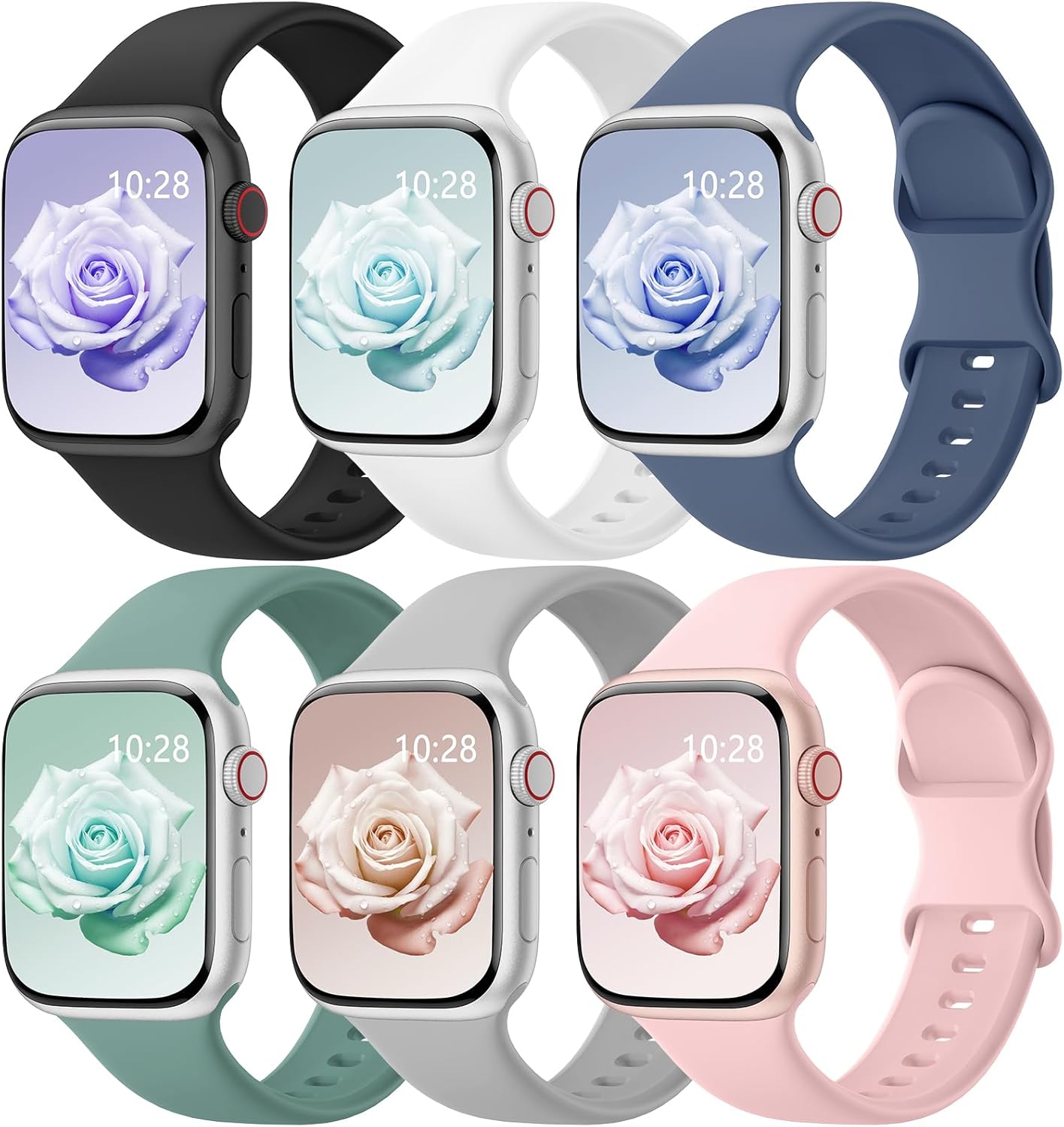6 Pack Sport Bands Compatible with Apple Watch Bands 38mm 40mm 41mm 42mm 44mm 45mm 46mm 49mm for Women Men, Soft Wristband Silicone Sport Strap for iWatch Bands Series 11 10 9 8 7 6 5 4 3 2 1 Ultra SE
