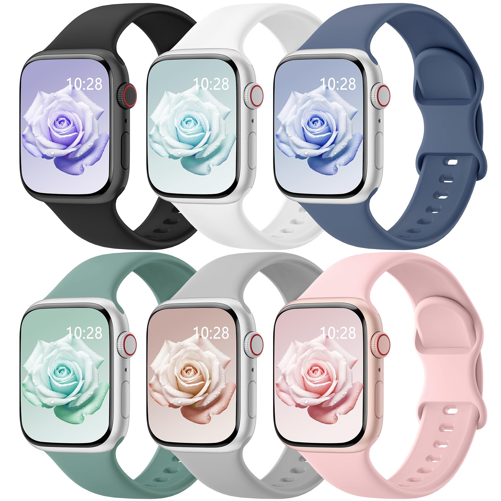 6 Pack Sport Bands Compatible with Apple Watch Bands 38mm 40mm 41mm 42mm 44mm 45mm 46mm 49mm for Women Men, Soft Wristband Silicone Sport Strap for iWatch Bands Series 11 10 9 8 7 6 5 4 3 2 1 Ultra SE