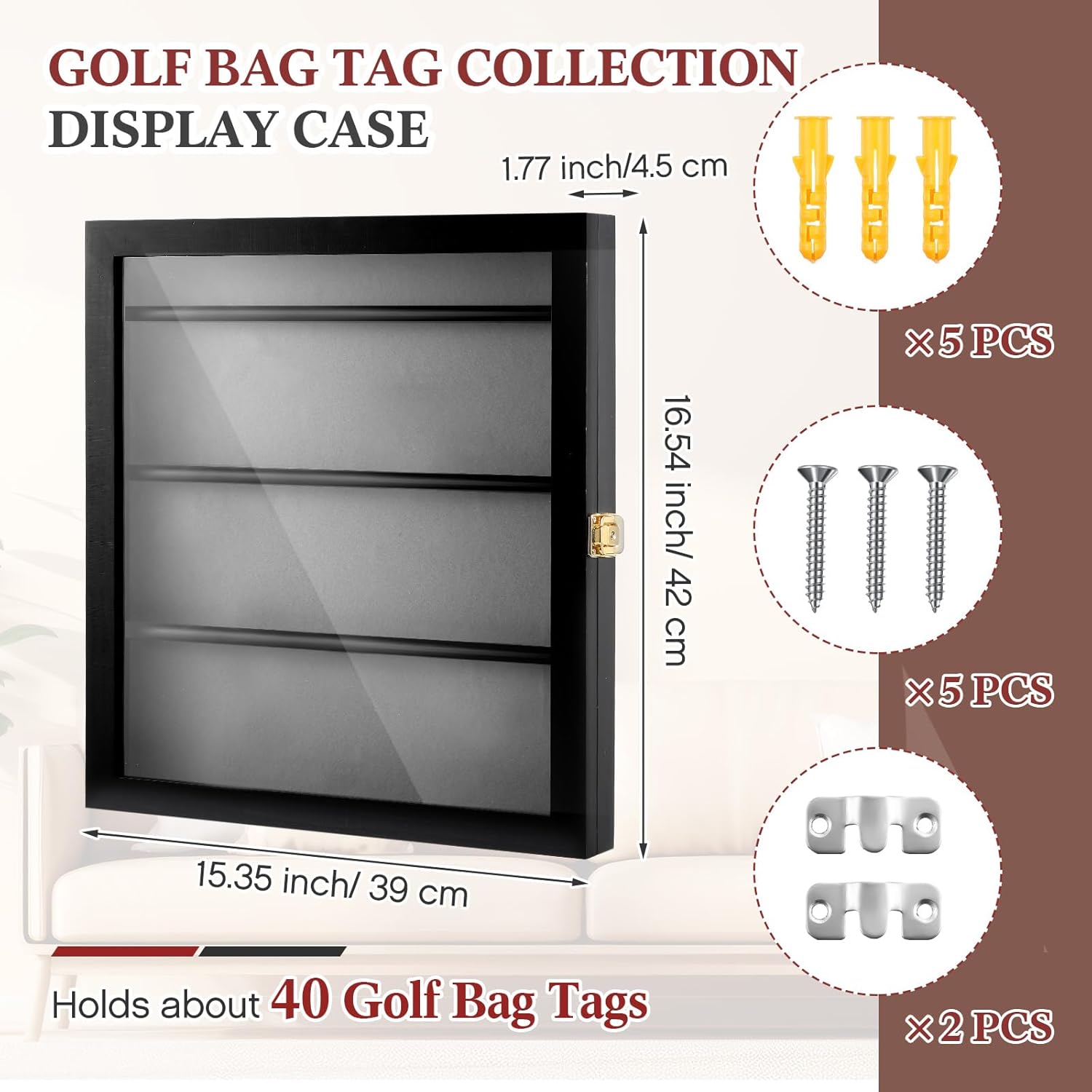 Silipull Golf Bag Tag Collection Display Case Holds 40 Bag Tags 16.54 x 15.35 x 1.77 Inch Wall Mount Wooden Shadow Box W/98% UV Acrylic Door Lockable Storage Display Box for Collection(Black, Grey)