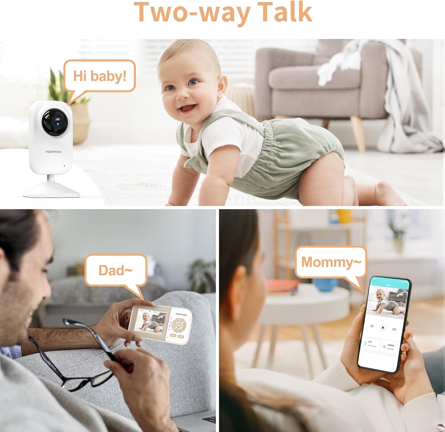 ebemate Video Baby Monitor Camera with 2 Camera,2.8" LCD Screen Video & Audio No Glow Night Vision,2-Way Talk Audio Cam Baby Monitoring 1200FT Range EBE28-2