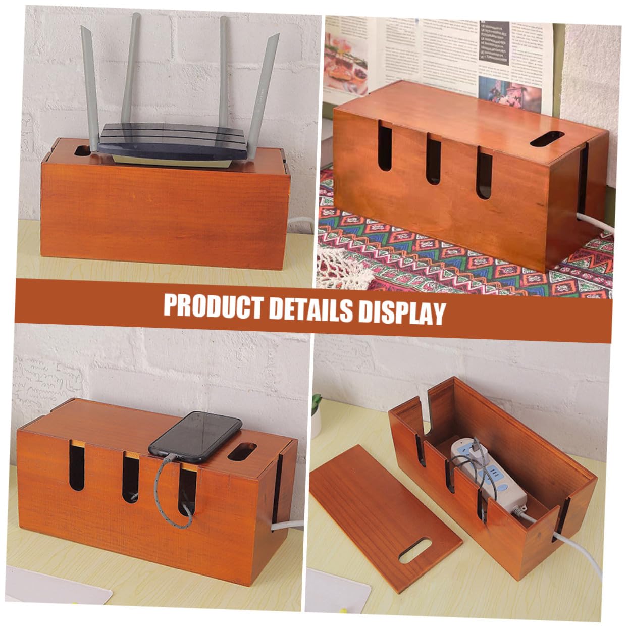 Scatola Organizer Cavi in Legno Marrone per Scrivania | Contenitore per Prese e Fili, Aspetto Moderno Semplice, Installazione Facile