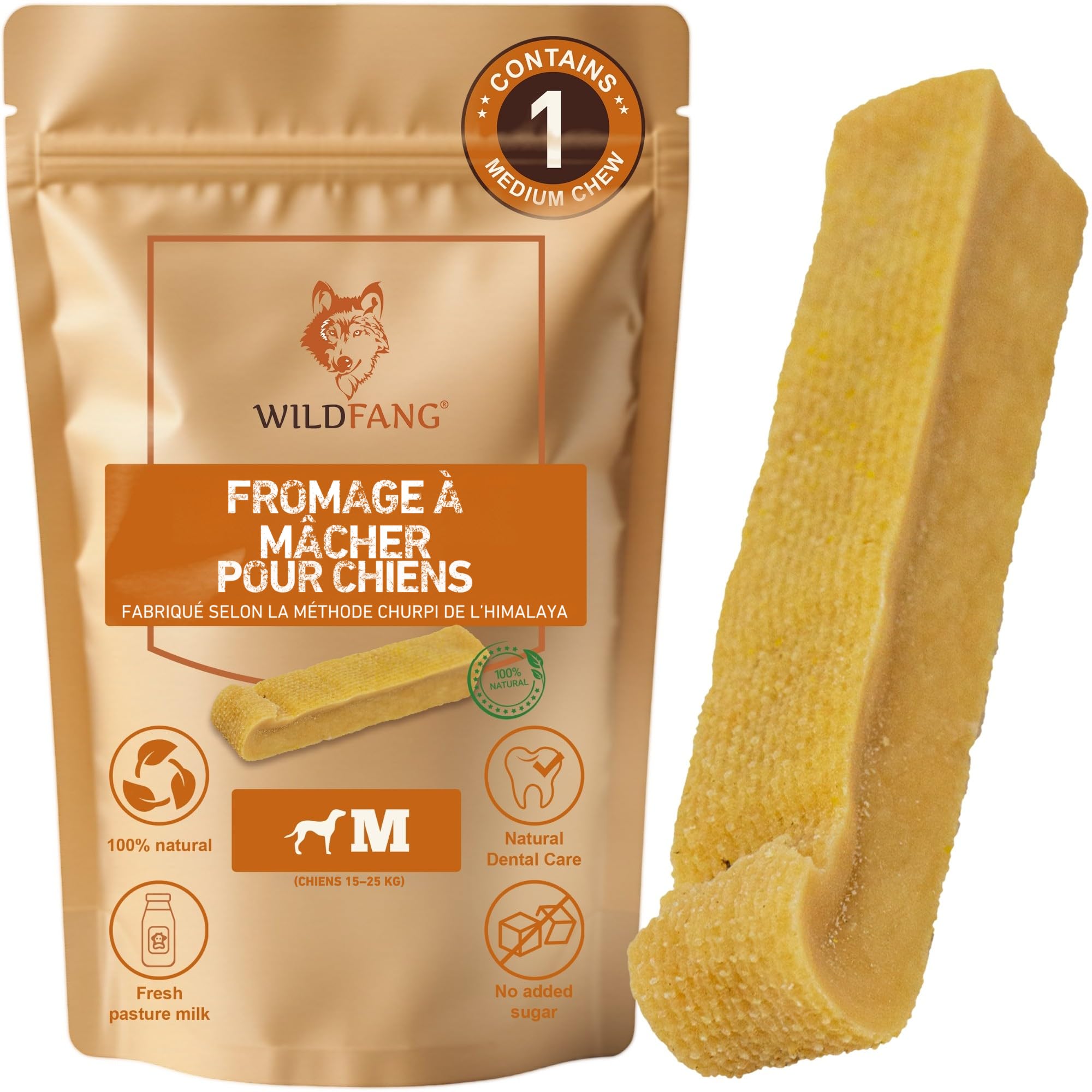 Wildfang® Fromage de Yak, Jouet pour Chien à Mâcher, M (env. 72g) pour Chiens de 5 à 25 kg – Bâtonnet Dentaire, Dureté Fromage de l'Himalaya, Churpi, Friandise d'Éducation Chiot et Chien, Lot de 1