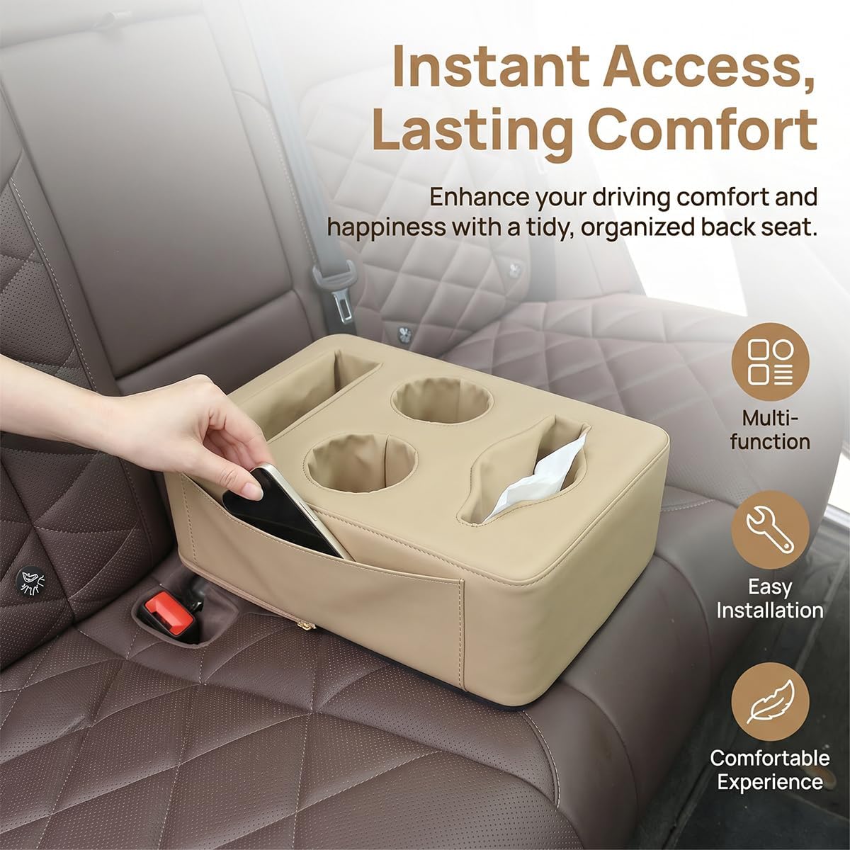 Car Backseat Cup Holder with Side Pocket, Leather, Anti-Skid, Beige