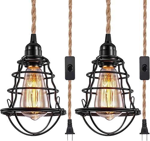 Asnxcju Lámpara colgante industrial enchufable, luces colgantes vintage con cable de enchufe, lámpara colgante de jaula de metal con cuerda de