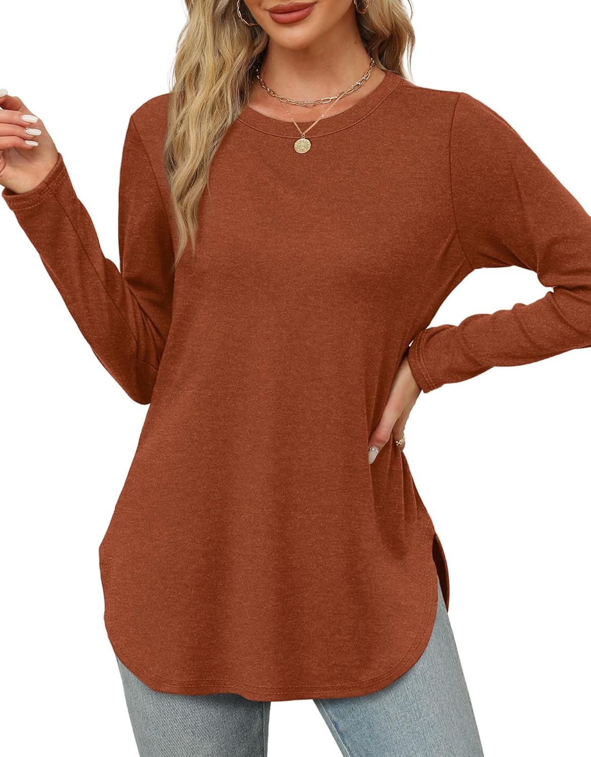 XIEERDUO Womens Long Sleeve Round Neck Shirts Side Split Basic Loose Tunic Tops Casual 2025