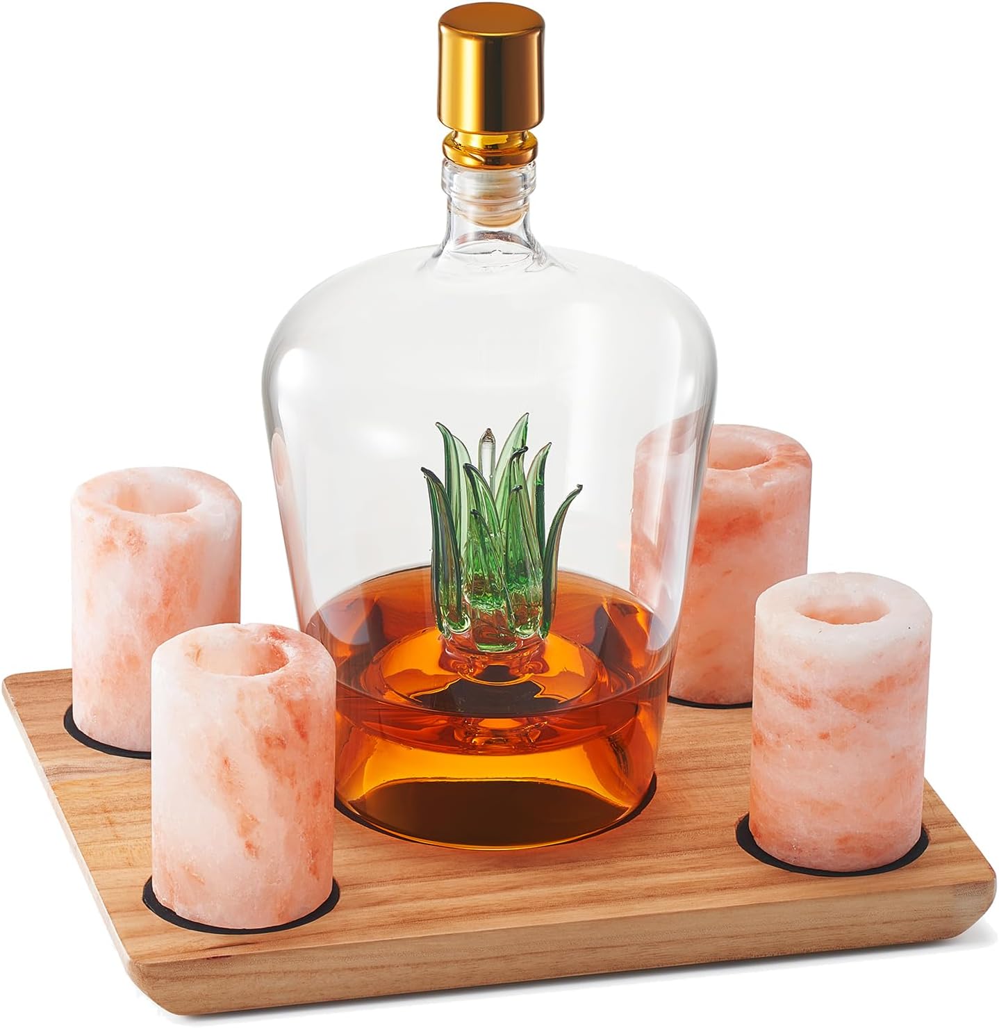 Tequila Decanter With Four Pink Himalayan Salt Shot Glasses Set, Perfect for Tequila Agave Liquor Lovers, 34 OZ Bottle, 1.6 OZ Shot Glass, Tequila, Liquor Party Decorations Cinco De Mayo (Agave)