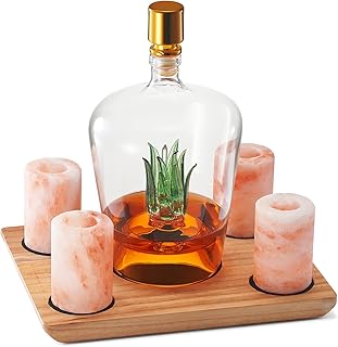 Tequila Decanter With Four Pink Himalayan Salt Shot Glasses Set, Perfect for Tequila Agave Liquor Lovers, 34 OZ Bottle, 1.6 OZ Shot Glass, Tequila, Liquor Party Decorations Cinco De Mayo (Agave)