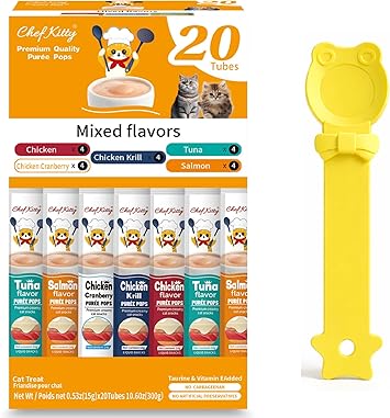 Puree Pops + Yellow Feeding Spoon, Grain-Free, Lickable, Squeezable Creamy Cat Treat/Topper, 20 Tubes, Chicken and Seafood Mix Variety