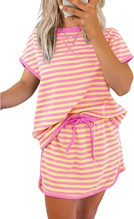  Lounge Sets for Women 2 Piece Skirt Colorblock T Shirt and Skort Set | summer tracksuit outifits, contrast trim, drop shoulder short sleeve top, elastic drawstring skort