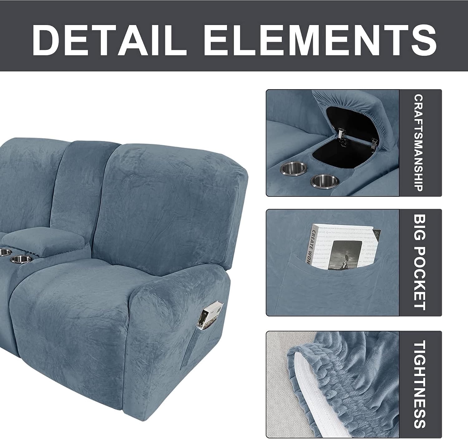 Love Seat Recliner Cover with Middle Console Slipcover, 8 Pieces Velvet Stretch Sectional Recliner Sofa Slipcover with Cup Holders, 2 Seat Reclining Cover, Thick, Soft,Machine Washable (Gray Blue)