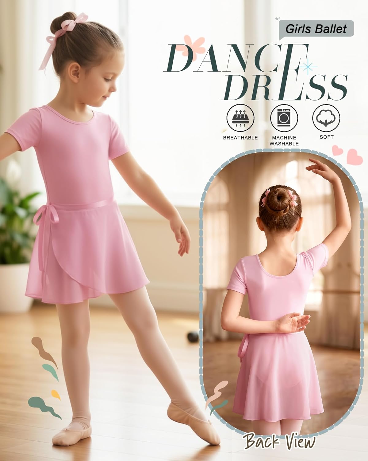 3 Pack Girls Ballet Leotards Toddler Short Sleeve Dance Dress Outfit with Removable Skirts Ballet Dance Set