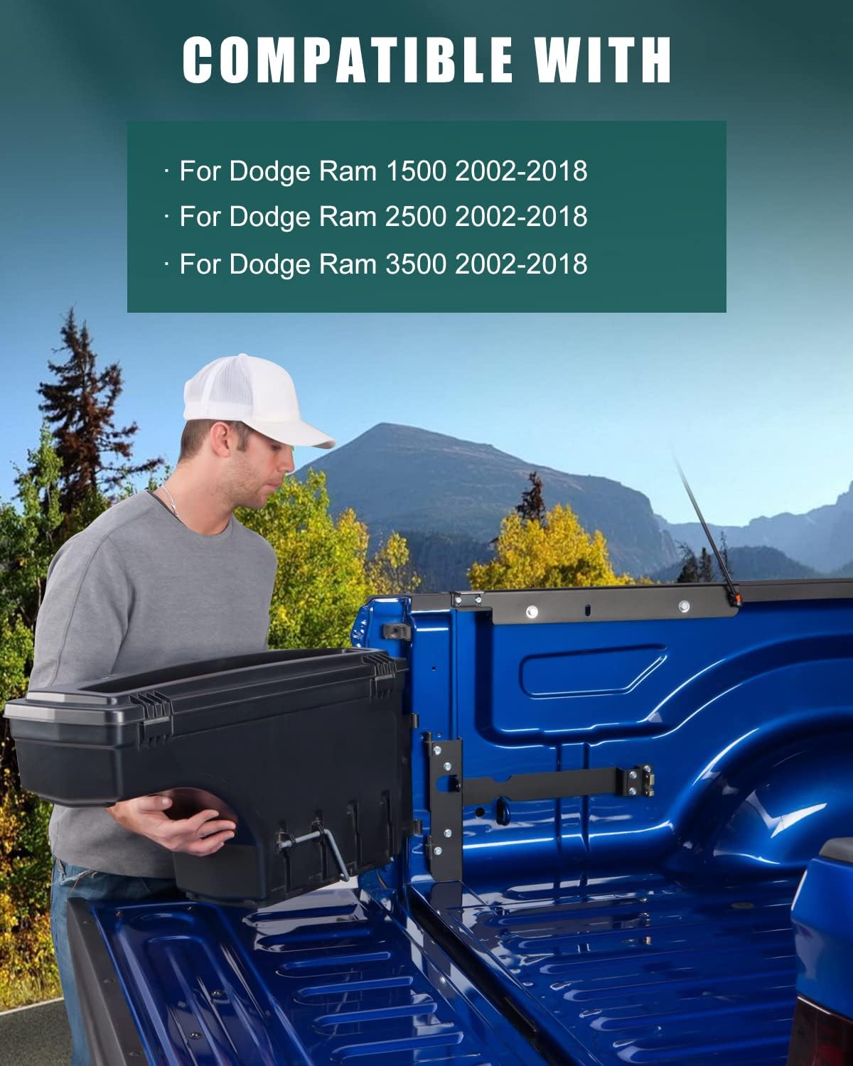 SCITOO Truck Bed Storage Box 180° Rotating Tool Box Fit For 2002-2018 For Dodge Ram 1500 2500 3500 Left Side Waterproof Black