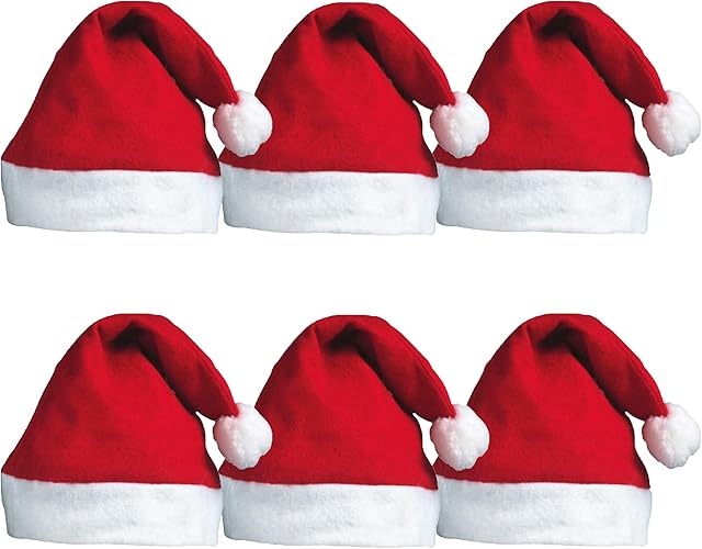 Pack of 6 Red Santa Hats with Bobble - Father Christmas Festive Headwear, Non-Woven Felt Hats - Office Family Xmas Parties
