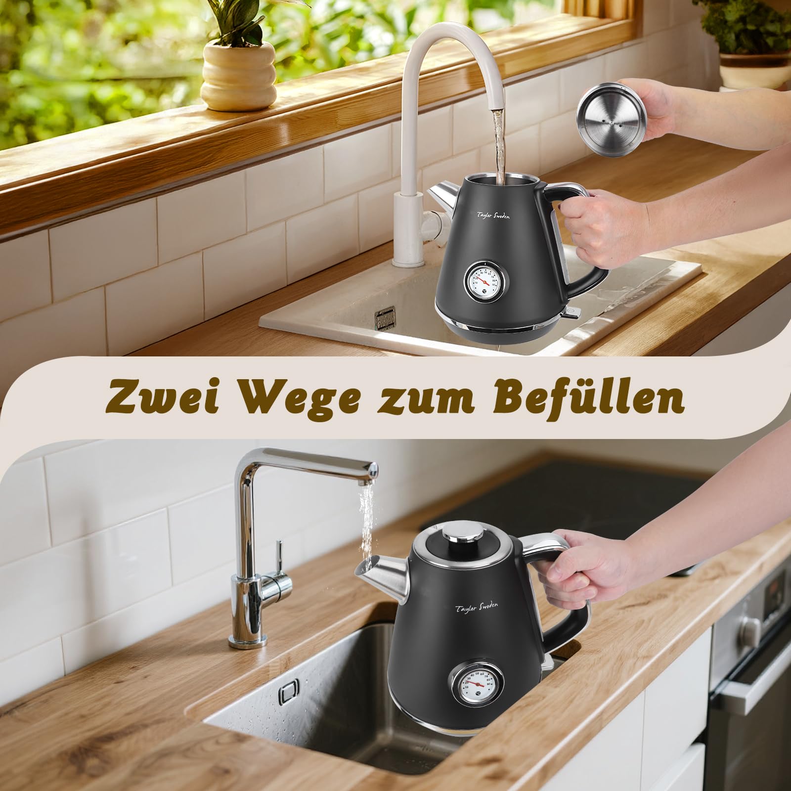 Taylor Swoden Retro Wasserkocher 1,7L Mit Temperaturanzeige Edelstahl 2200W | Mit analoger Temperaturanzeige, beleuchteter Wasserstandsanzeige, Anti-Kalkfilter und Abschaltautomatik