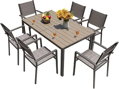 Homall Patio Dining Set 7 Pieces Outdoor Furniture with Large Table and 6 Textilene Chairs for Porch, Poolside, Yard and Garden, Light Grey