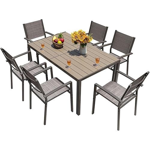 Homall Patio Dining Set 7 Pieces Outdoor Furniture with Large Table and 6 Textilene Chairs for Porch, Poolside, Yard and Garden, Light Grey