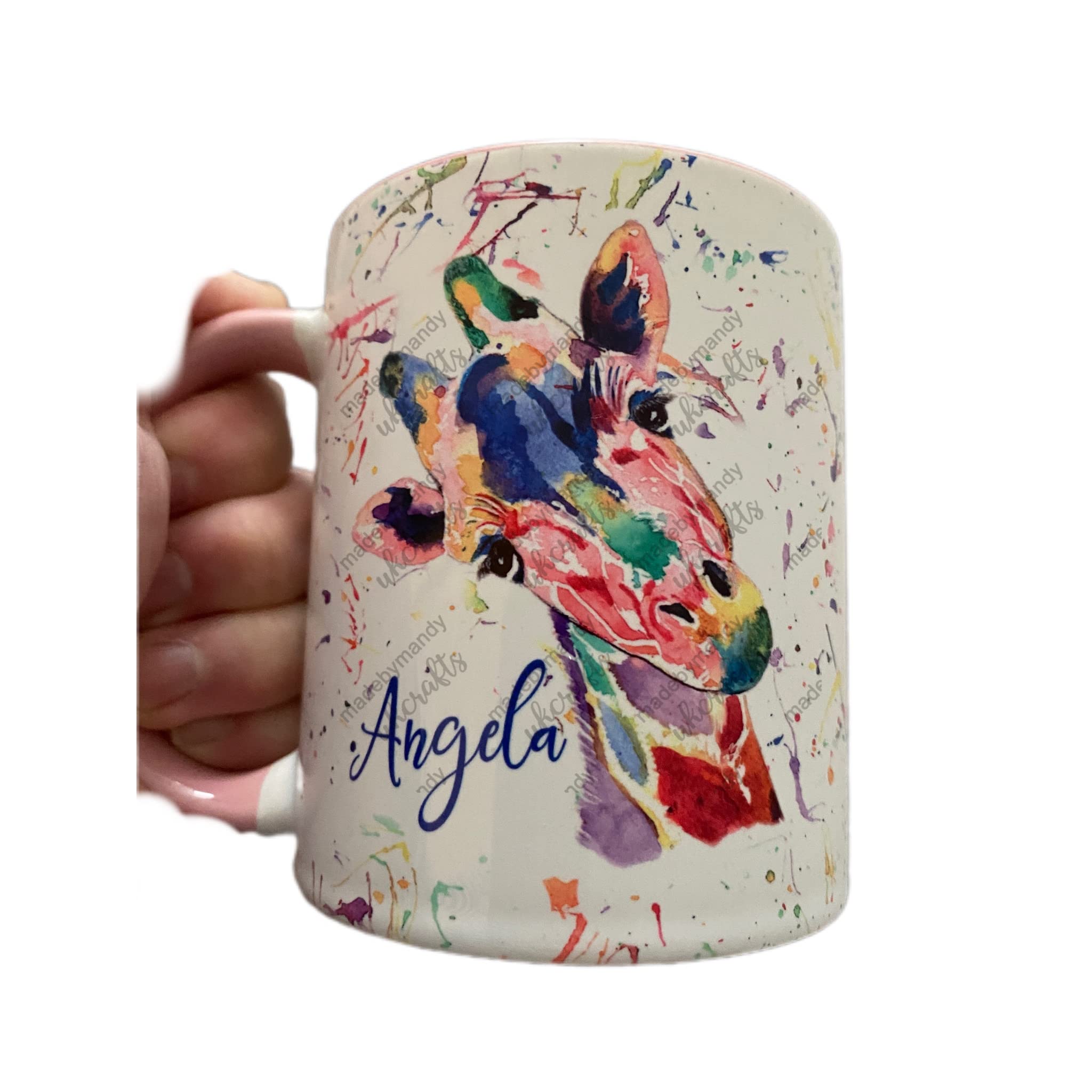 Personalised - Giraffe themed 11oz coffee mug with splatter background - excellent gift for all occasions (Pink)