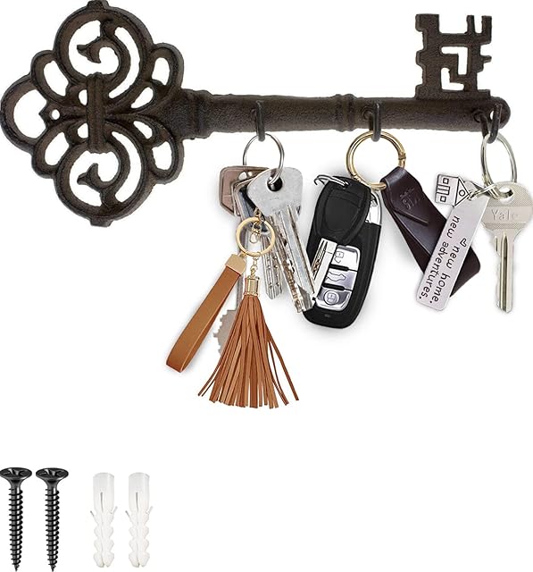 Comfify Decorative Wall Mounted Key Holder | Vintage Key With 3 Hooks | Wall Mounted | Rustic Cast Iron - With Screws And Anchors - Brown