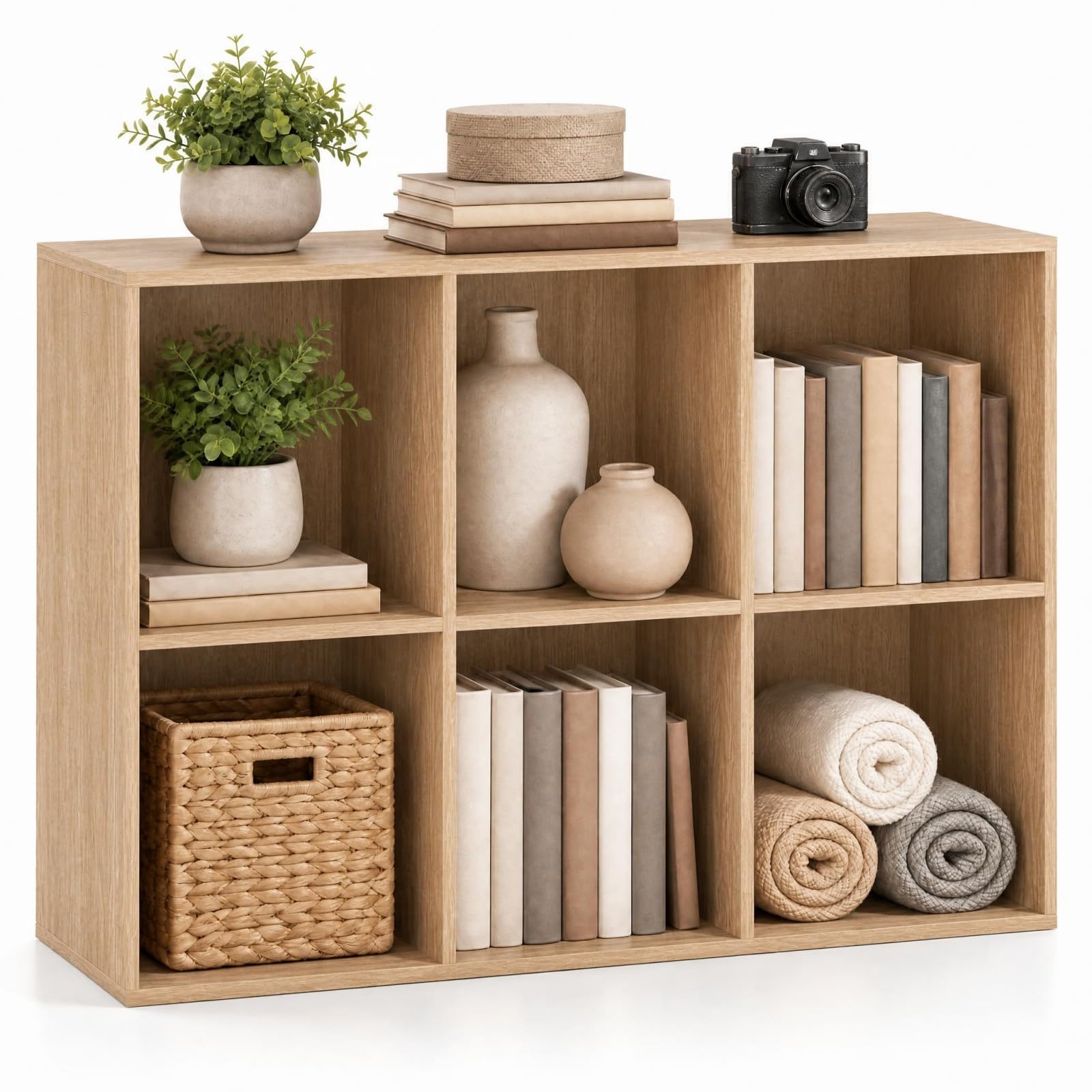 SFAREST 6-Cube Bookshelf, 3-Tier Wooden Display Bookcase (Nature)