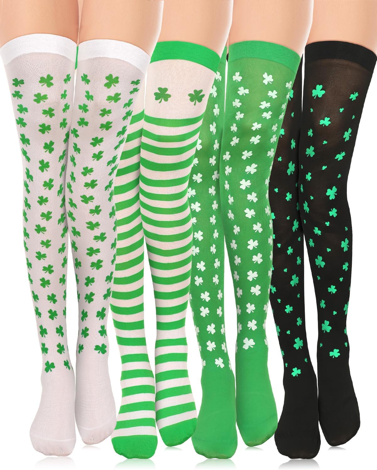 4 Pairs St. Patrick Day Socks Women Knee Thigh High Socks Polyester Long Thigh High Socks Shamrock Striped Socks Irish White and Green Stripe Socks for Costume Party