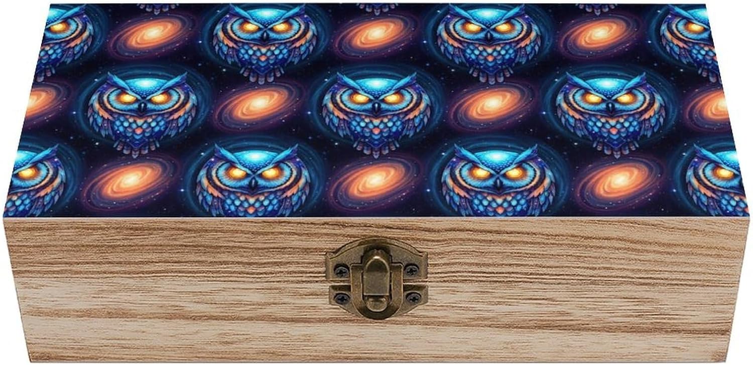 Wooden Memory Keepsake Box with Lid, Decorative Storage Organizer Galaxy Nighthawk Owl, Jewelry Case for Wedding Anniversary Souvenirs