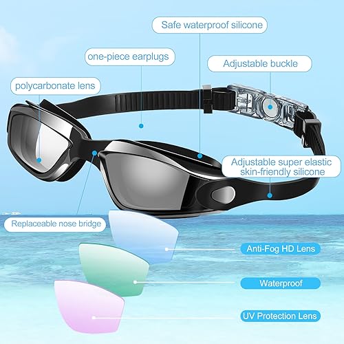Miniatura 3 de Konohan Paquete de 8 gafas de natación sin fugas para adultos, protección UV, gafas de piscina con clip para la nariz Color novedoso,Bright