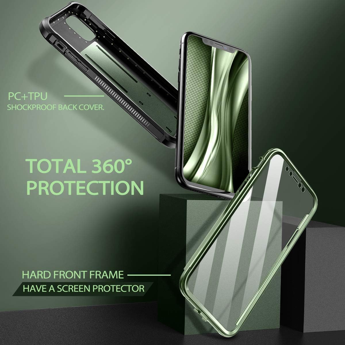 Dexnor for iPhone 11 Case, [Built in Screen Protector and Kickstand] Dual Layer Heavy Duty Military Grade Protection Shockproof Defender Full Body Protective Cover for iPhone 11 6.1 Inch Green