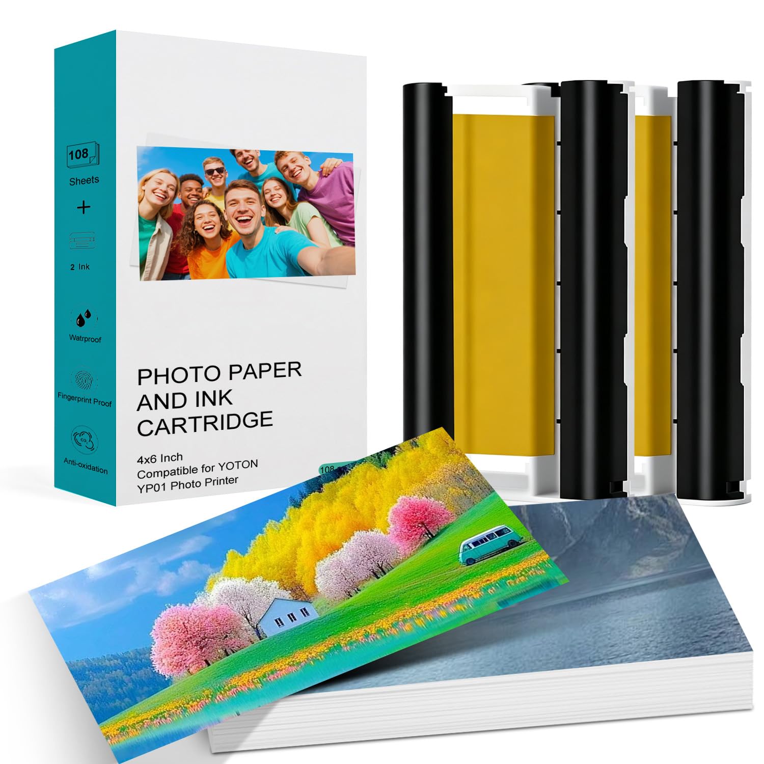 Compatible with YOTON 4x6 Photo Printer Ink and Paper -108 Sheets (4"x6") & 2 Ink Ribbon Refill,Dye Sublimation,Waterproof, long-lasting color,for YP01 Photo Printer