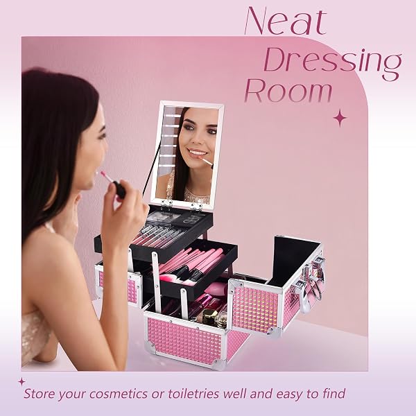 Joligrace Mallette Maquillage avec Miroir Valise Vanity Rangement Coiffure Malette à Onglerie Beauty Case Femme Voyaga Bijoux Boîte Coffret Cosmétique Makeup Organisateur Professionnel Rose - 2