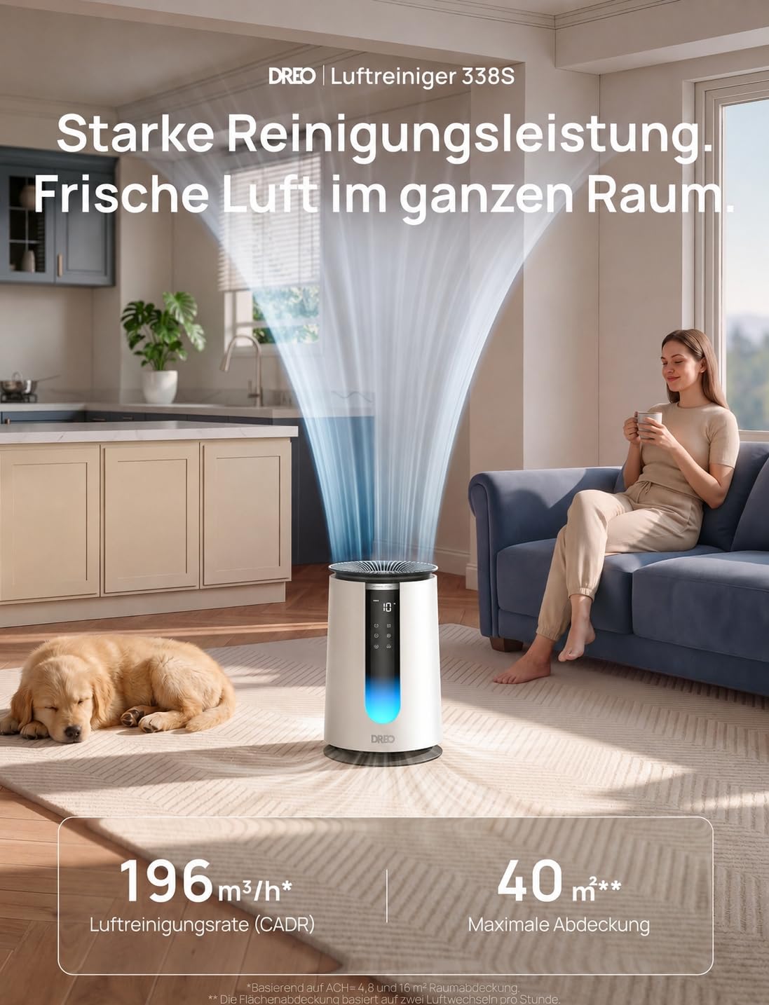 DREO-Luftreiniger für Schlafzimmer 195 m³/h CADR, Luftreiniger 338S,3-in-1-HEPA-Filter, 4 Modi, 4 Geschwindigkeiten, 18 dB,AQl-Display, PM2,5-Sensor, Auto-Modus, Aromakissen,WLAN/Sprachsteuerung/Alexa