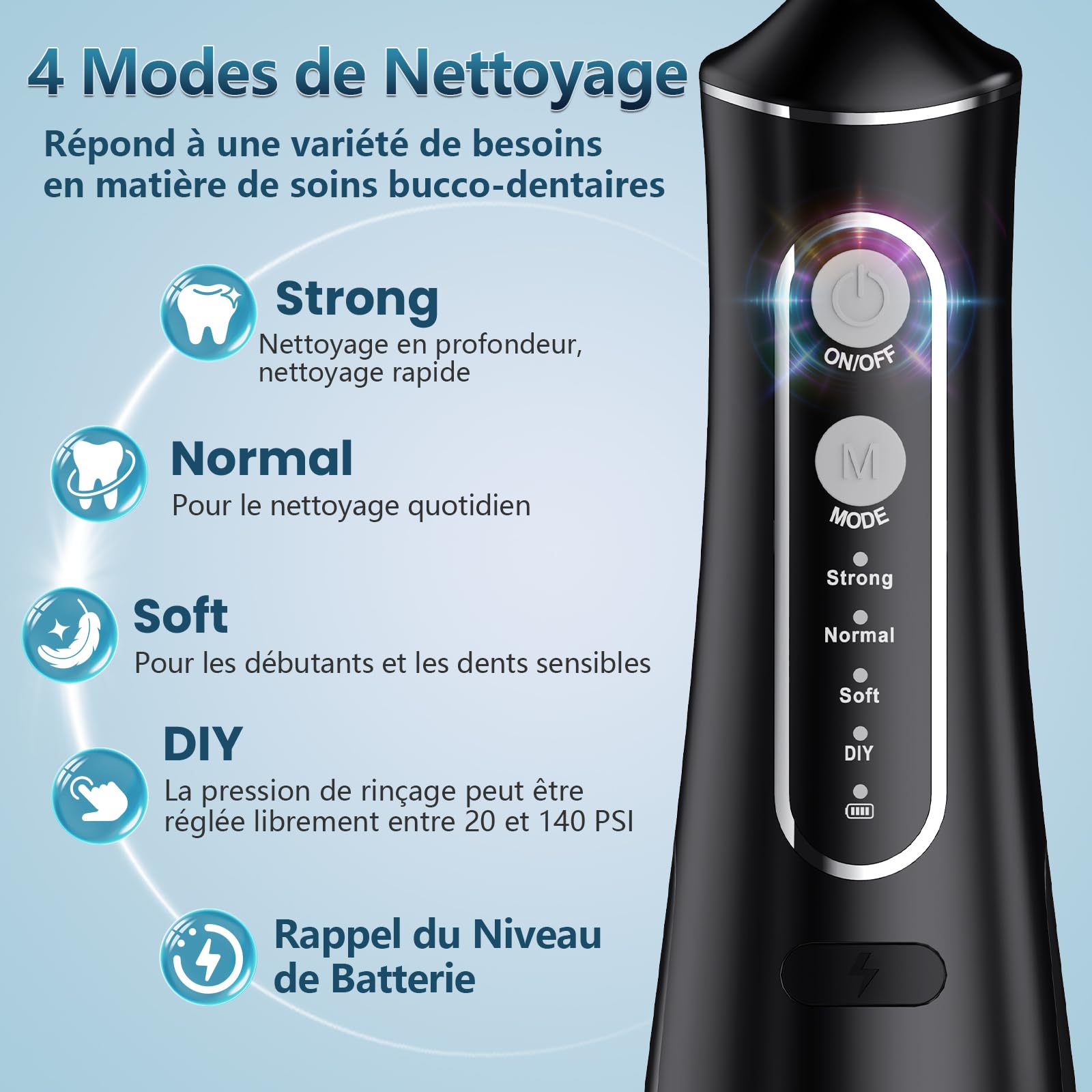 OasiSmile Jet Dentaire Hydropulseur: 5 Embouts Rotatifs 360°, 4 Modes & DIY Pression Réglable, Favorise l’Hygiène Buccale, Irrigateur Oral Étanche IPX7, Hydropulseur Portable 300 ML, Maison et Voyage