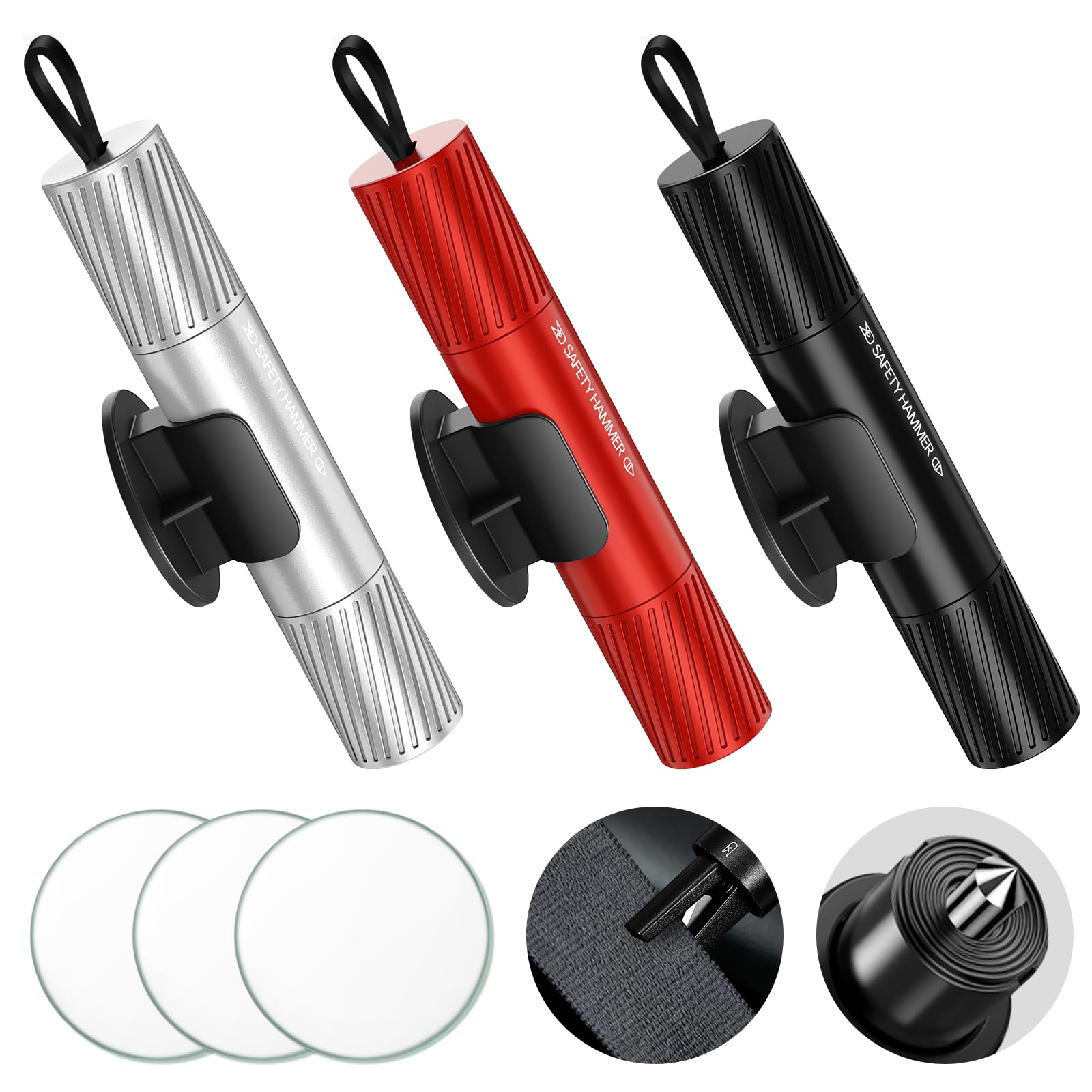 ITClosud Notfallhammer Auto mit Gurtschneider, 3 Stück Gurtschneider Notfallhammer Auto und 3 Halterung für Sicherheit, Tragbarer Sicherheitshammer Fensterbrecher, Geeignet für Autos, Busse
