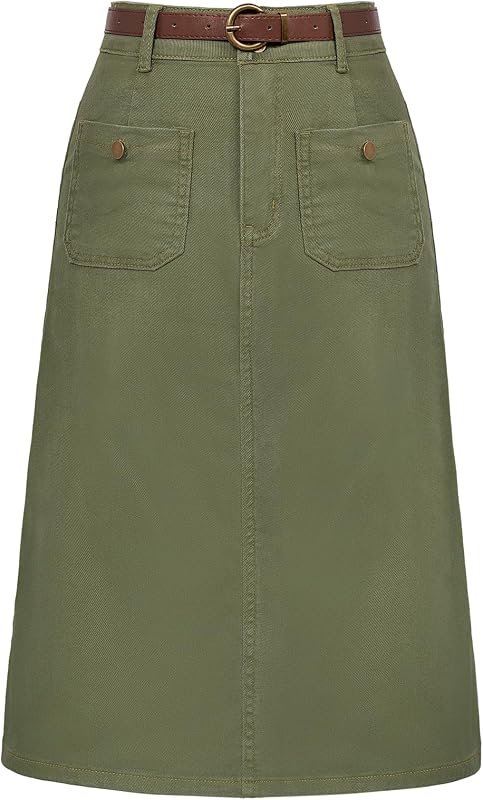 Denim Skirt with Belt Below Knee Length High Waisted Jean Skirts for Women