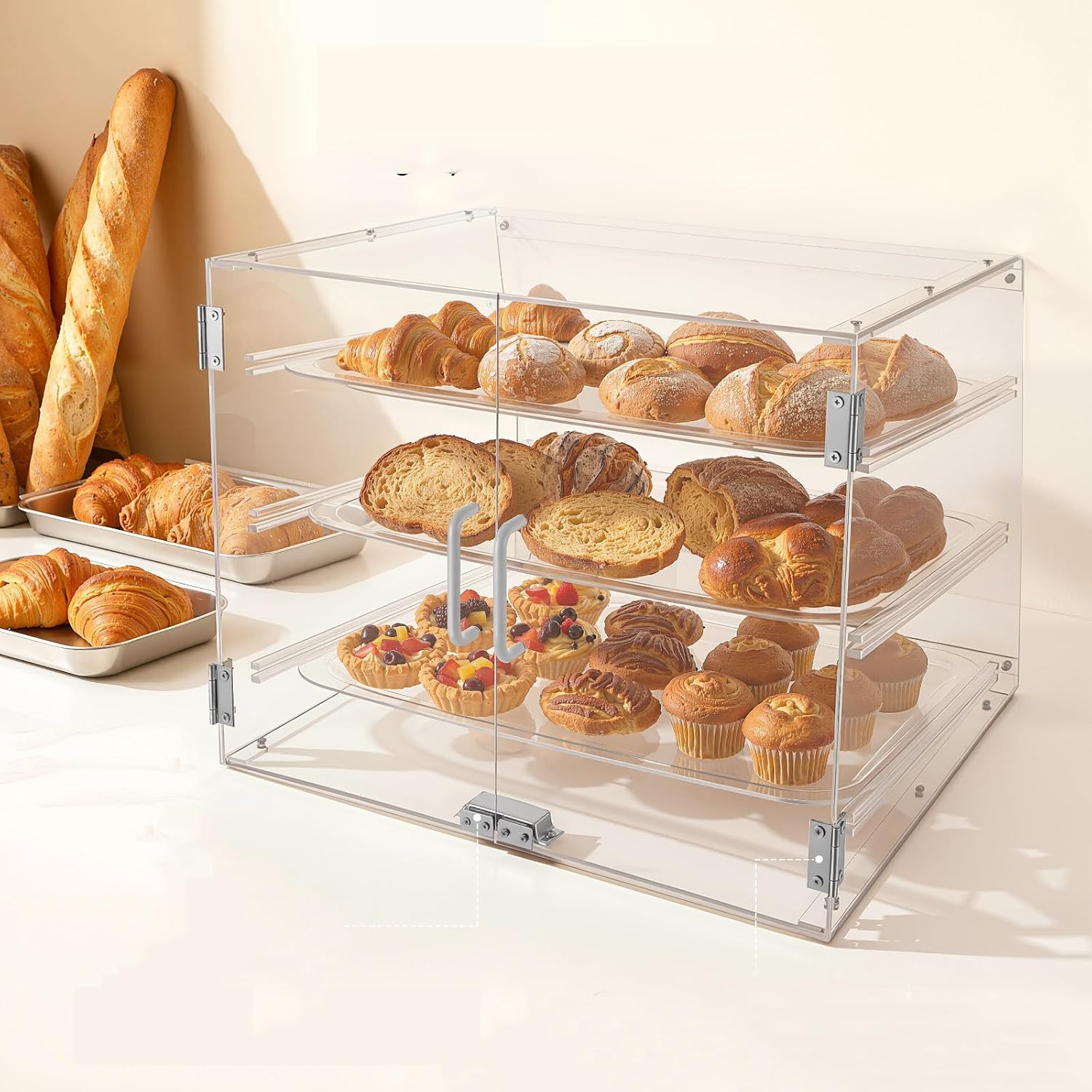 DYNAMI 3-Tier Bakery Display Case with Magnetic Door,Acrylic Clear Pastry Display Case Countertop,Commercial Food Display Case,3 Removable Trays,for Desserts, Bread & Baked Goods-21.3x17.3x16.5 in