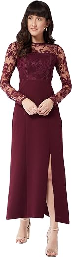 Miss Chase Women's Red Floral Polyester Slim Fit Round Neck Full Sleeve Maxi Dress