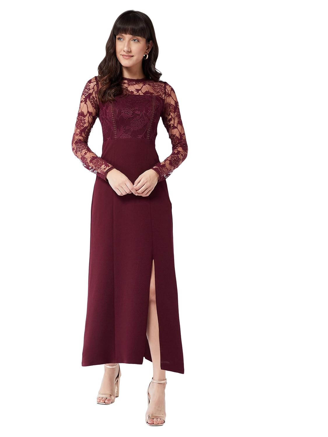 Miss Chase Women's Red Floral Polyester Slim Fit Round Neck Full Sleeve Maxi Dress