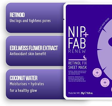 Nip + Fab Retinol Fix Sheet Mask for Face with Coconut Water, Edelweiss Flower Extract, Hydrating Gel Facial Mask for Refining Minimizing Pores, 24ml